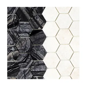 Grosir hitam dan putih batu alam marmer Hexagon mosaik ubin kamar mandi ubin Backsplash