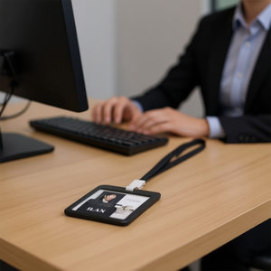 Porta badge orizzontale Ilan con cordino da 43 cm, accessorio nero per badge - Product Image 2