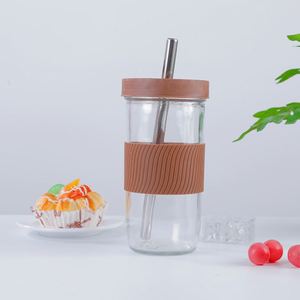 Gobelet en paille au design moderne avec manchon en silicone, style bocal Mason, gobelet perlé pour smoothies, jus, café - Logo personnalisable - Product Image 5