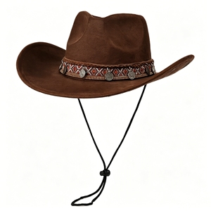 Chapeau de cowboy bohème avec pièces de monnaie et bande tribale, chapeau en feutre de protection solaire style western pour hommes et femmes - Product Image 5