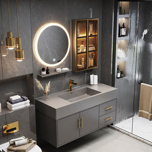 Micro Crystal Modern Minimalist Sintered Stone Integrated Basin Bathroom Vanity <b>Set</b> Bathroom Wash Sink - Product Image 4