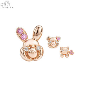 Pendientes con Forma de Conejo, Oro Rosa de 18K, Diamante Natural y Zafiro Rosa, Pendiente de un Solo Lado, Regalo de Cumpleaños para Niñas - Product Image 2