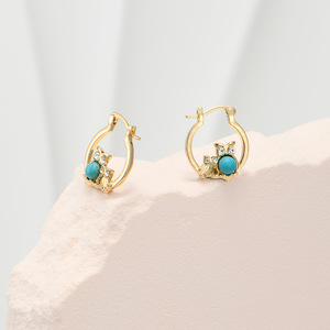 Boucles d'oreilles créoles hibou en alliage de zinc doré et blanc, micro-strass et turquoise, bijoux fantaisie animalier, cadeau - Product Image 4