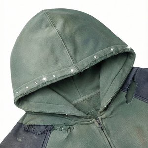 남성용 빈티지 워싱 후드티 커스텀 스트릿웨어 디스트레스드 선페이드 남성용 라인스톤 자수 패치워크 지퍼업 후드티 - Product Image 3