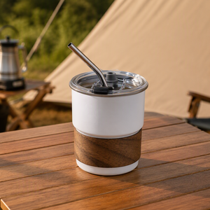 Mug isotherme portable en acier inoxydable 304 avec manchon en bois, performance thermique 6-12 heures, couvercle et paille pour l'extérieur - Product Image 4
