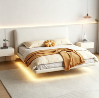 Modernes Weißes Schwebendes Bett aus Weichem Leder mit Bewegungssensor-LED-Streifen Minimalistisches Schlafzimmer-Bettgestell für Hauptschlafzimmer