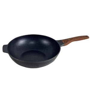 Wok antiadhésif en pierre Maifan avec poignée en bois et couvercle en verre pour cuisinières à induction et à gaz, grande capacité, design profond - Product Image 1