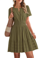 Robe Courte Décontractée Quotidienne pour Femme, Taille Personnalisée, Modèle 2026, Manches Courtes Légères, Tissu Doux, Col en V, Taille Haute Élastique, Coupe Ample, Couleur Unie
