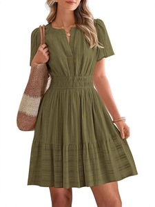 Custom Size Ladies 2026 Light Short Sleeve Mini <b>Dress</b> Soft Fabric V Neck <b>Elastic</b> High Waist Slim Casual Daily <b>Dresses</b> - Product Image 4
