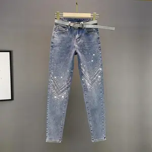 Holesale-pantalones vaqueros elásticos para mujer, jeans ajustados con diamantes