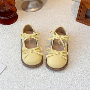 Chaussures Mary Jane en cuir pour filles, tendance 2025, avec nœud, nouvelle collection printemps/automne, pour fête de princesse, couleur unie jaune/creme, aspect artificiel - Product Image 4