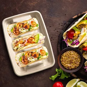 Taco tutucu şeker kamışı kaliteli özelleştirilmiş Compostable Bagasse Takeaway yiyecek tepsisi