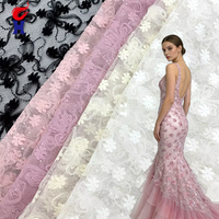 Tissu en dentelle haut de gamme HG Wholesale Factory, élégant et luxueux, brodé de fleurs 3D, paillettes brillantes, maille, pour robe de mariée, robe de soirée