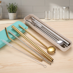 Metal <b>Drinking</b> <b>Straws</b> Set 5Pcs Reusable Cocktail Bar Accessories Minimalist Style Gold Tone - Product Image 6
