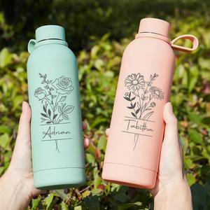 Bouteille d'eau personnalisée avec fleur de naissance, gravée sur mesure, isotherme avec poignée, gobelet en acier inoxydable pour les voyages - Product Image 3