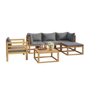 Ensemble de salon de jardin en bois d'acacia massif, 6 pièces, avec coussins, mobilier d'extérieur, design contemporain - Product Image 1