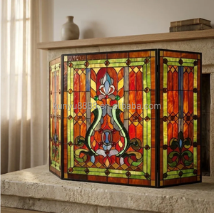 Écran de cheminée en vitrail, 3 panneaux, motif floral, décoration traditionnelle, couleur bleue, forme rectangulaire, décoration artistique durable - Product Image 6