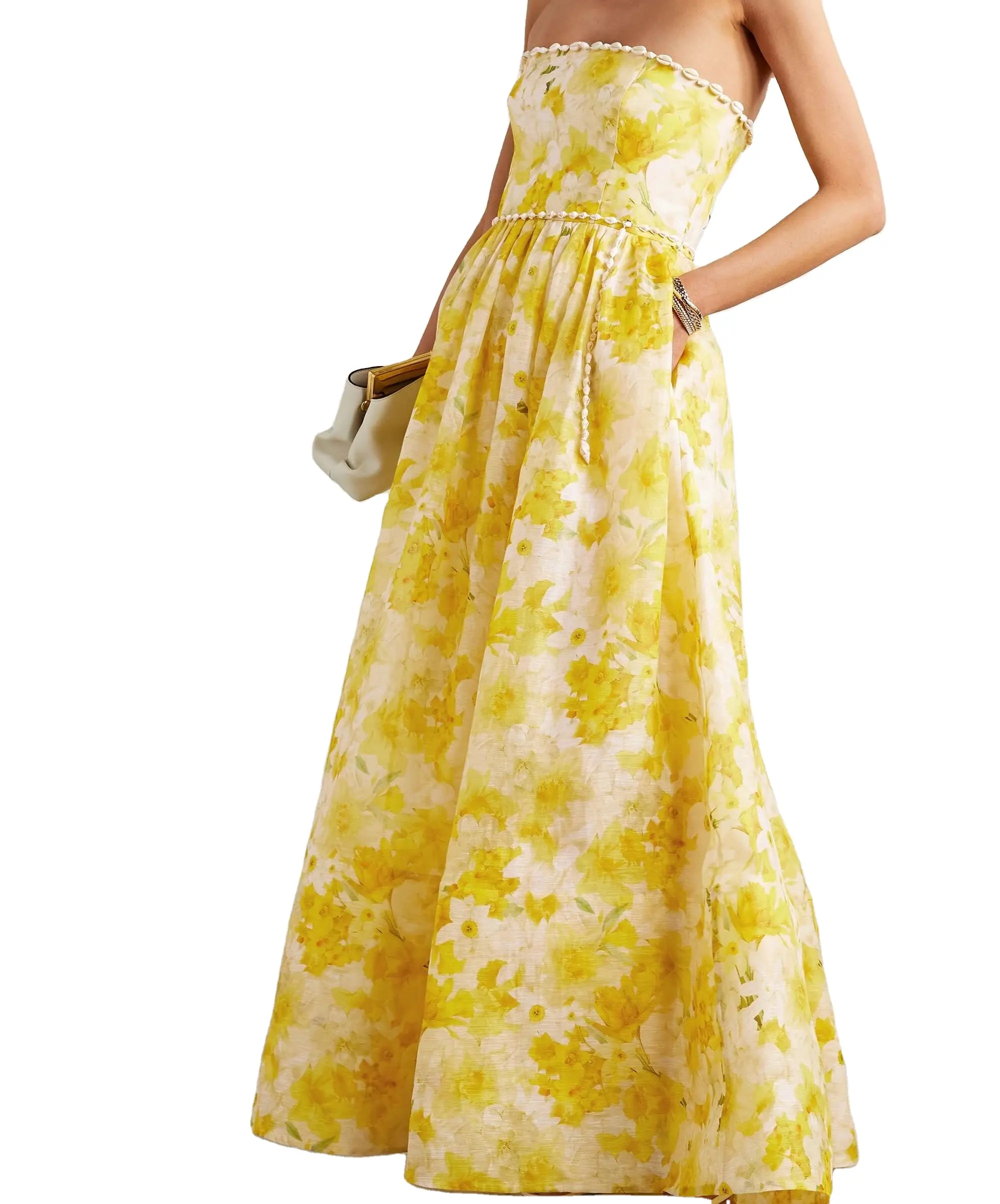 Wholesale sleeveless yellow dress fashion women's clothing High Quality flower-print linen-blend maxi dress