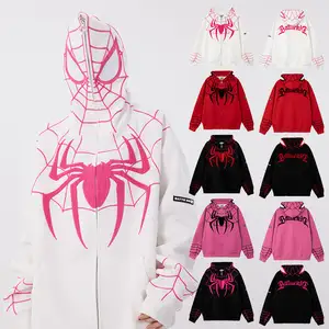 Custom New Arrivals Streetwear Anime Embroidery Pink Spider Hoodies Unisex High Quality Full Face Zip Up Hoodie