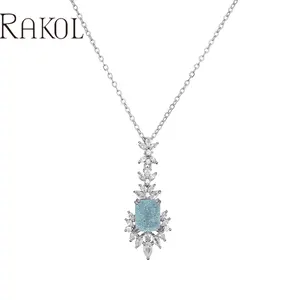 RAKOL-collares con colgante cuadrado azul para mujer, NP5102, de lujo, candelabro Vintage de circonia cúbica, joyería de Boda nupcial
