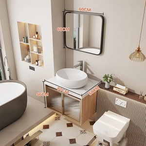 Wooden colored rock slab countertop basin intelligent <b>mirror</b> cabinet <b>wall</b> mounted bathroom cabinet - Product Image 4