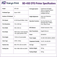 Imprimante DTG BD1-450 400*500mm (15.7*19.7in) avec 2 têtes I1600, encre CMYKW et blanche, qualité industrielle, entièrement automatique, impression directe sur vêtement
