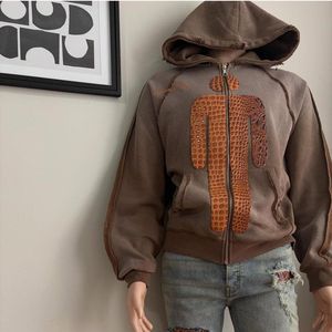 Custom Designer <b>Hoodie</b> Acid Wash Fringe Raw Edge Zip Up <b>Hoodie</b> <b>American</b> Hip Hop High Street Loose Fit Hooded Zipper Hoodies - Product Image 1