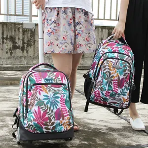 Özel Logo renkli okul arabası çantası arabası öğrenci tekerlekler ile okul çantası sırt çantası su geçirmez Polyester kızlar için sırt çantaları