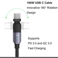 Câble USB C vers C rotatif à 180 degrés, charge rapide PD 60W, câble de données LED Type C, 1,2 m 2 m, câble de charge USB C tressé en nylon