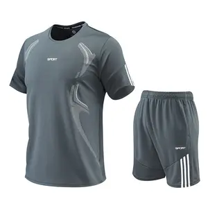 Summer Men Sports Tracksuit Short Sleeve T Shirts Shorts 2 Pieces Round Neck Workout Gym Running Set Mens
