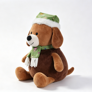 Customized Sitting Brown Puppy Stuffed Animal with Embroidered Green Hat & Fringed Scarf, Winter <b>Holiday</b> Home Decor - Product Image 6