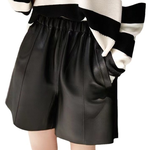 4655 Custom Leather Shorts Elegant Solid Color Women High Waist Leather Shorts Casual