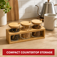 Juego de Recipientes para Condimentos de Bambú y Vidrio con Cucharas, Organizador de Especias 3 en 1, Soporte de Madera Natural para Sal, Azúcar, Café y Té
