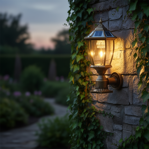 Lámpara Solar LED para Exteriores, Estilo Vintage, de Jardín, de Bronce y Aluminio, con Cristal, para Montar en Pared, IP65, Luz Dorada - Product Image 2