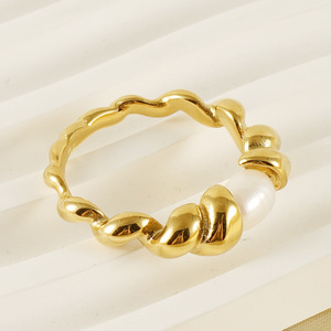 Zogxin Natural Pearl <b>Ring</b> 18k Gold Open <b>Titanium</b> Steel Band Wave Design For Women Gift Jewelry - Product Image 4