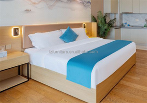 Ensemble de meubles de chambre d'hôtel moderne, taille personnalisable, cadre de lit en bois avec matelas, tête de lit, panneau mural, table de chevet pour hôtel économique - Product Image 4