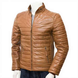 Chaqueta de Cuero Genuino para Hombre, Ajustada, Acolchada, de Piel de Vacuno, con Cuello Alto, Estilo Clásico, para Invierno - Product Image 1