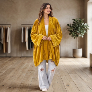 เสื้อคลุมกิโมโนขนเฟอร์เทียมสีมัสตาร์ดสำหรับผู้หญิง ทรงหลวม ยาวถึงข้อเท้า สวมใส่สบายทุกฤดู - Product Image 1
