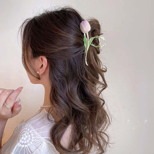 Nouvelles pinces à cheveux en forme de tulipe pour femmes, grandes pinces à cheveux en métal avec pompon, barrettes à cheveux, accessoires pour cheveux - Product Image 2
