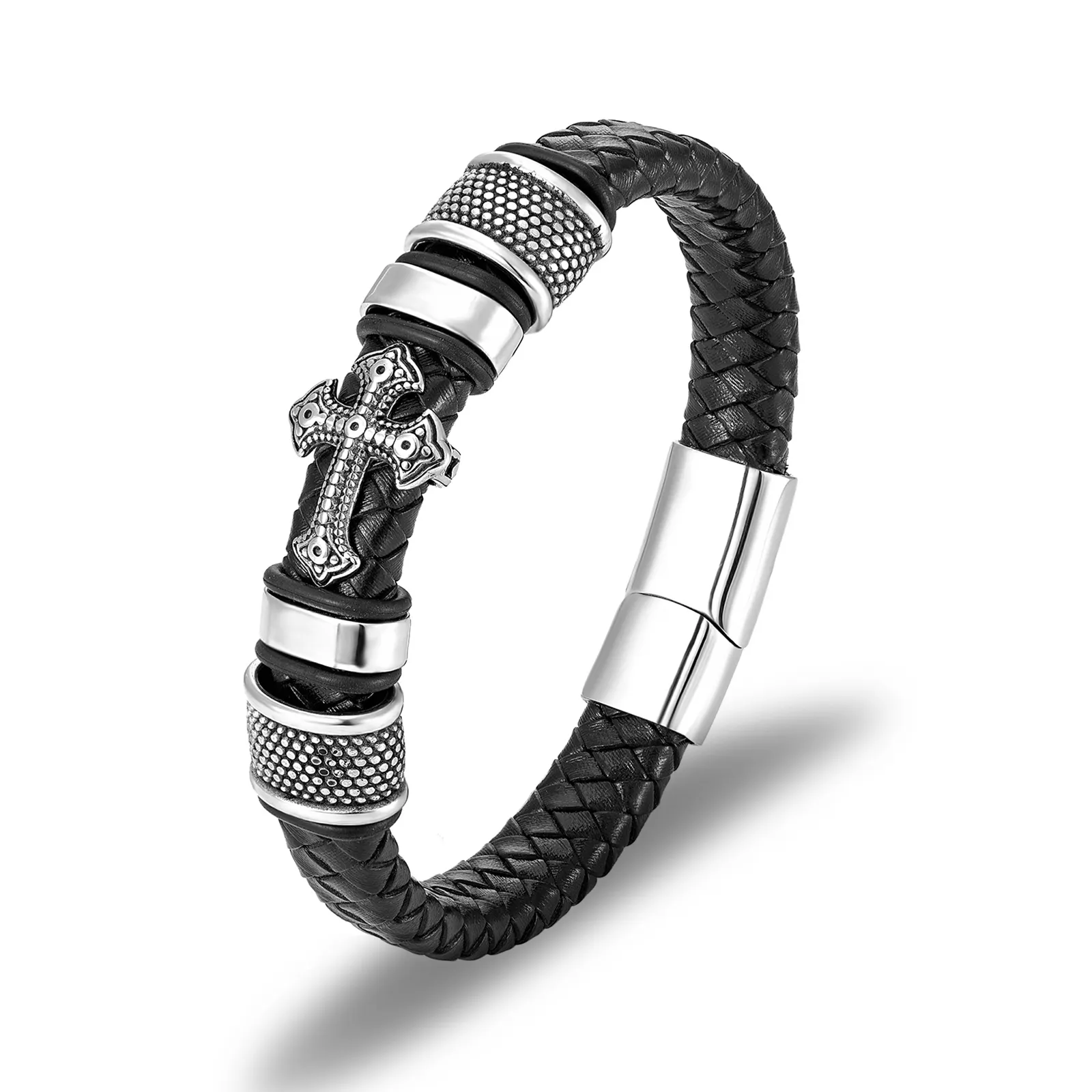 Trendy Stainless Steel Cross Woven Leather Bracelet Bangle Charm Male Fashion Jewelry