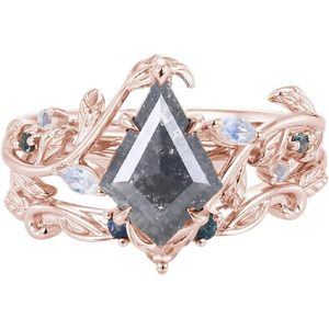 Ensemble de bagues vintage sel et poivre serties de diamants, bague de fiançailles taille cerf-volant 1,5 carat pour femme, en argent sterling 925, motif végétal - Product Image 5