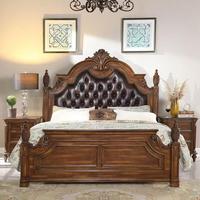 Lit de luxe de style américain, taille Queen, bois massif, design sculpté vintage, revêtement en cuir véritable, lit de luxe pour chambre principale de villa
