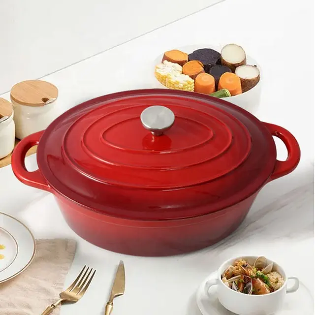Peralatan masak Enamel besi cor warna merah populer Casserole Oven Belanda Oval dengan tutup