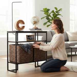 Set of 4 Water Hyacinth Cube Storage <b>Baskets</b> Espresso Woven Bins Foldable Natural Fiber Organizer <b>for</b> <b>Shelves</b> and Home Decor - Product Image 4