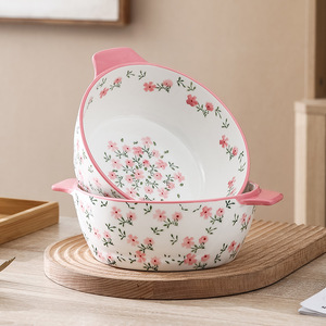 Popular small floral ceramic double-eared <b>bowl</b>, Japanese style, fresh and cute noodle <b>bowl</b>, <b>large</b> capacity baking <b>bowl</b>, - Product Image 1
