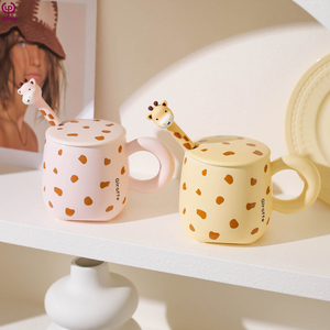 Taza de Cerámica Creativa, Linda y Ecológica con Tapa y Cuchara, Taza Infantil para Beber, Taza para Parejas para Leche, Café, Té, 350 ml - Product Image 4
