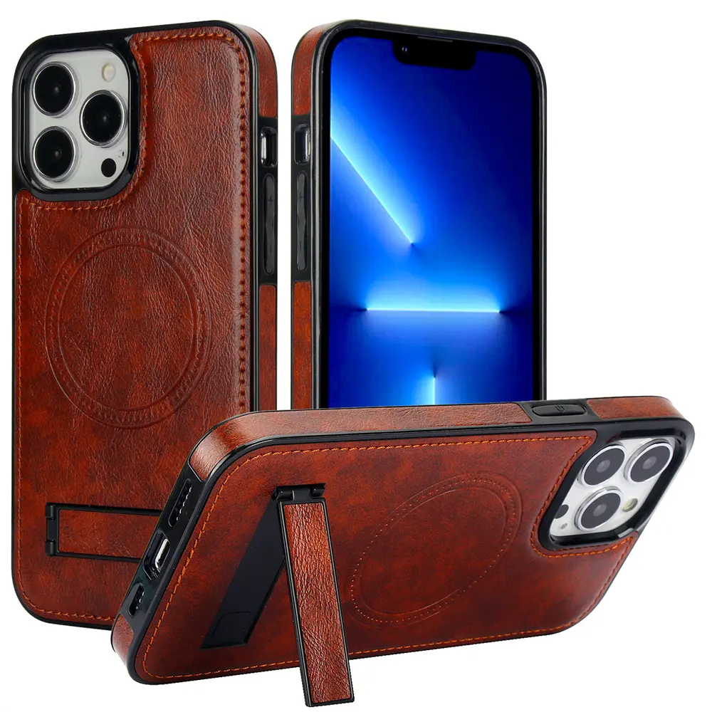 Chargement sans fil magnétique fort en cuir de luxe personnalisé avec béquille pour iPhone 15 14 12 Pro Max étui de téléphone
