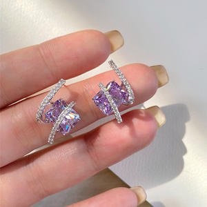 E2899 <b>Purple</b> Gemstone Stud Earrings <b>Cushion</b> Cut Geometric Design Claw Setting Women's Fashion Jewelry Party Trendy Alloy - Product Image 3
