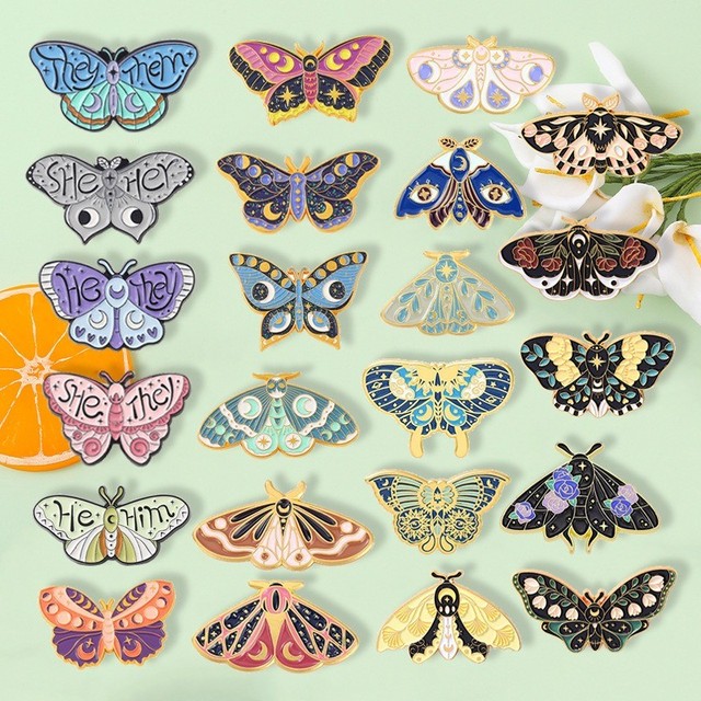 Moth Butterfly Enamel Pins Set - Celestial Moon Gothic Brooches, Clothing, Hats, Custom Metal Badges Jewelry Gifts