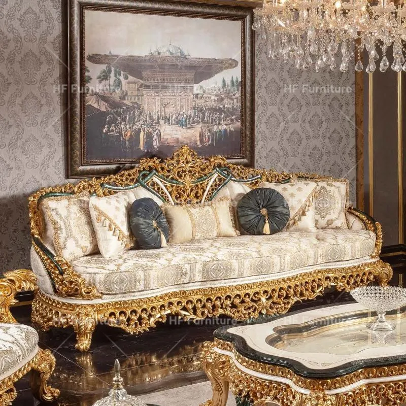 Turkey Classic Sofa for Living Room White Antique Golden Wooden Sofa Set Furniture Royal Sofa
